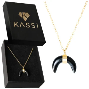 Naszyjnik damski złoty stal chirurgiczna księżyc obsydian półksiężyc czarny