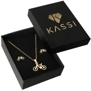 złoty Zestaw naszyjnik i kolczyki rower złota komplet Stal pozłacana 585
