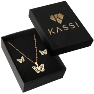 złoty Zestaw naszyjnik i kolczyki motyl komplet Stal pozłacana złota 585