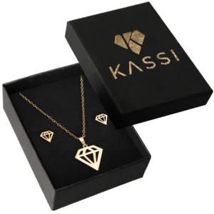 Złoty Zestaw Kassi z Motywem Diamentu – Naszyjnik i Kolczyki Luksus