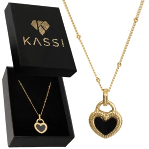 Pozłacany Naszyjnik Damski ze Stali Szlachetnej z Wisiorkiem Serce Czarny Elegancki Dodatek Ślubny