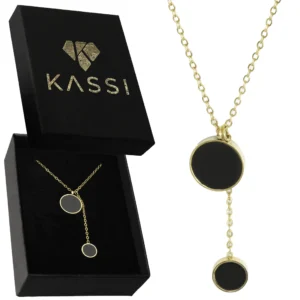 Pozłacany Naszyjnik Damski ze Stali Szlachetnej z Wisiorkami Okrągłymi Czarny Stylowy Akcent Wieczorowy