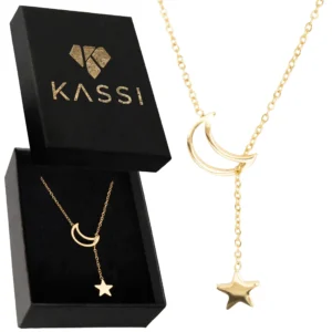 Pozłacany Naszyjnik Damski ze Stali Szlachetnej z Wisiorkiem Księżyc i Gwiazda