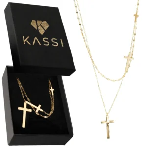 Pozłacany Naszyjnik Damski ze Stali Szlachetnej Wielowarstwowy z Krzyżykami