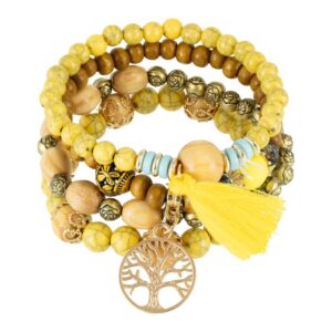 Zestaw Bransoletek Drzewo Życia Żółte Koraliki Drewniane Kwiatowe Dodatki Modna Biżuteria Damska
