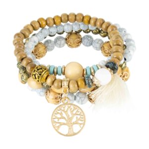 Zestaw Bransoletek Drzewo Życia Białe Koraliki Drewniane Srebrne Akcenty Stylowa Biżuteria Kobieca