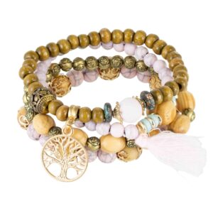 Zestaw Bransoletek Drzewo Życia Fioletowe Koraliki Drewniane Srebrne Akcenty Stylowa Biżuteria Kobieca