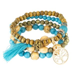 Zestaw Bransoletek Drzewo Życia Niebieskie Koraliki Drewniane Miedziane Akcenty Ekologiczna Biżuteria Kobieca