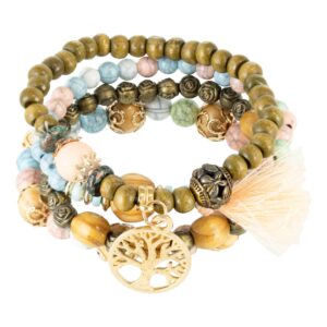 Zestaw Bransoletek Drzewo Życia Różowe Koraliki Drewniane Złote Detale Cudowna Biżuteria Kobieca