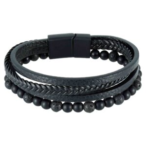 Bransoletka męska skórzana z koralikami - czarna wulkan