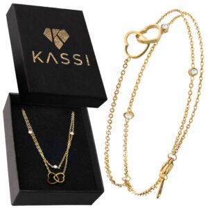 Bransoletka podwójna serca z cyrkoniami pozłacana 18K KASSI złota