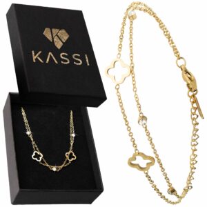 Bransoletka koniczynki marokańskie z cyrkoniami pozłacana 18K złota