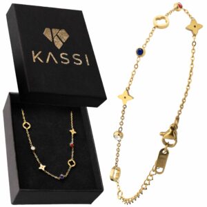 Bransoletka gwiazdki i koniczynki z kolorowymi cyrkoniami 18K złota