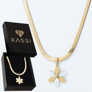 Pozłacany naszyjnik stal chirurgiczna łańcuszek żmijka kwiatek perła złoty