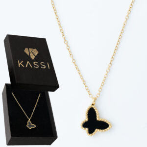 Pozłacany naszyjnik stal chirurgiczna łańcuszek motylek onyks złoty