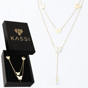 Pozłacany naszyjnik stal chirurgiczna podwójny łańcuszek motylki perła złota