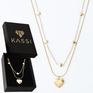 Pozłacany naszyjnik stal chirurgiczna podwójny łańcuszek serca złote kuleczki