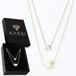 Pozłacany naszyjnik stal chirurgiczna podwójny łańcuszek serce i cyrkonia złoty