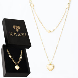 Pozłacany naszyjnik stal chirurgiczna podwójny łańcuszek z serduszkiem i sercami