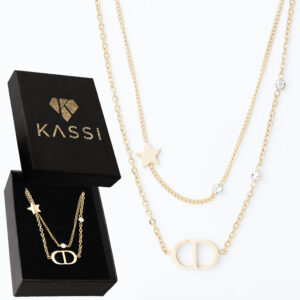 Pozłacany naszyjnik stal chirurgiczna podwójny łańcuszek z gwiazdką i cyrkoniami