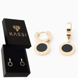 Kolczyki pozłacane stal chirurgiczna wiszące koła rzymskie czarne cyrkonie