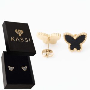 Kolczyki pozłacane stal chirurgiczna sztyft motylki czarne złote obramowane