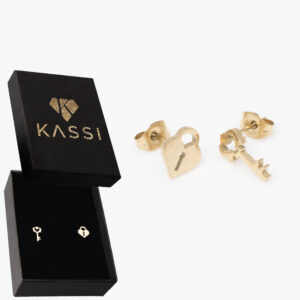 Kolczyki pozłacane stal chirurgiczna sztyft klucz i kłódka złote serduszko