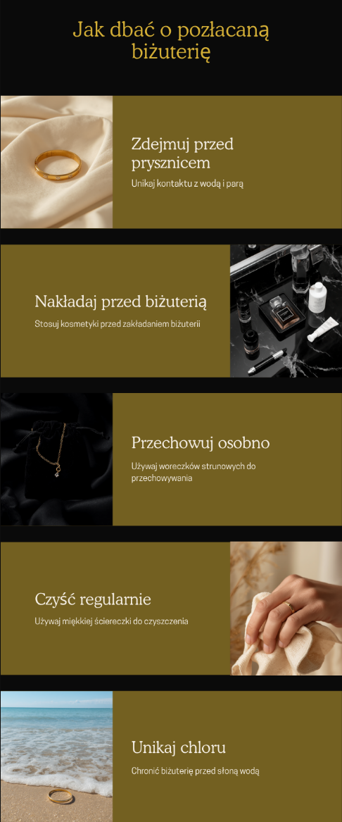 Infografika z zasadami pielęgnacji pozłacanej biżuterii
